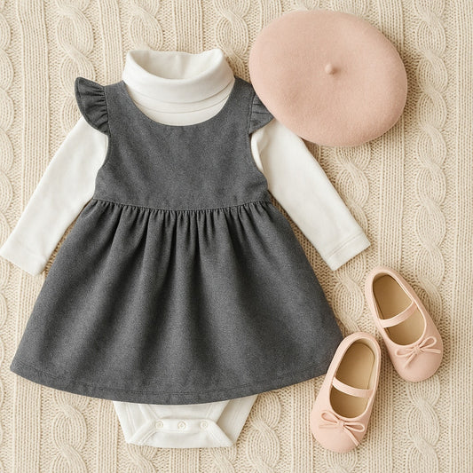 Jacadi Paris Baby Girls’ Pinafore Dress & Turtleneck Bodysuit | Size 6-9 Months