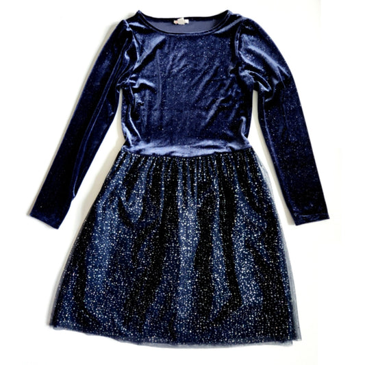 J.Crew Crewcuts Girls' Tulle Long Sleeved Sparkle Velvet Dress Navy Blue Sz XL