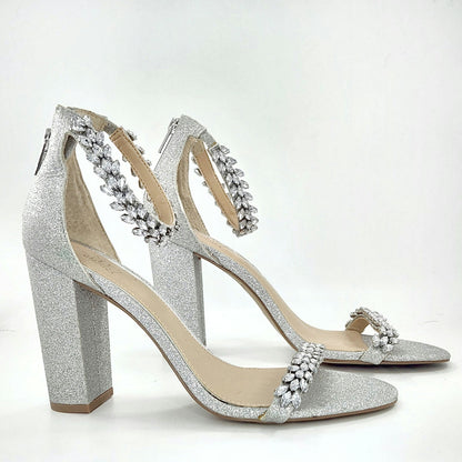 Jewel by Badgley Mischka Women’s Mayra Ankle Strap Evening Shoes – Silver – Size 9.5