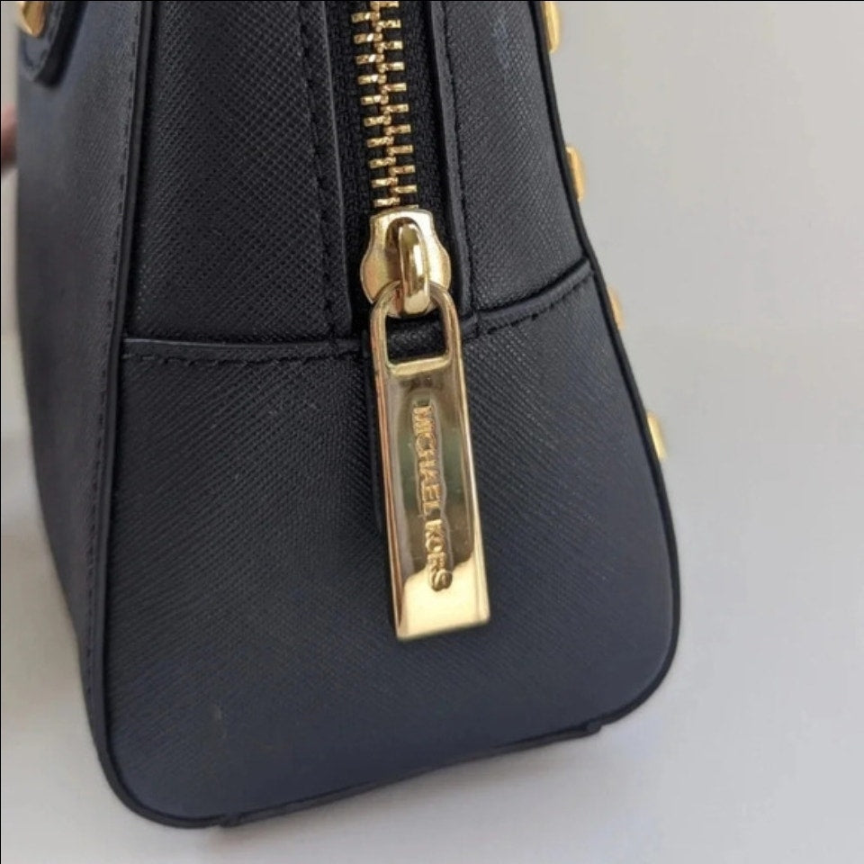 MICHAEL Michael Kors Women's Black Saffiano Leather Small Studded Sandrine Satchel