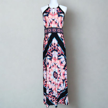 London Times Women's Halter Graphic Ikat Pink & Black Print Maxi Dress Size 10