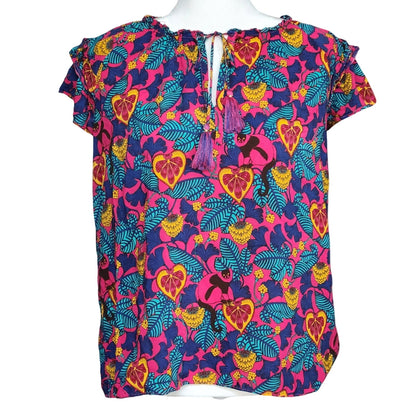 Rose + Olive Tropical Monkey Print Boho Tassel Flutter Sleeve Blouse Size L