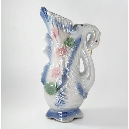 Vintage MCM Swan Vase – Iridescent Ceramic Swan Planter with Pastel Flowers