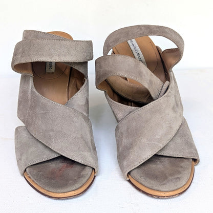 Diane von Furstenberg Women's Taupe Suede Wedge Strappy Sandals with Buckle Size 6.5
