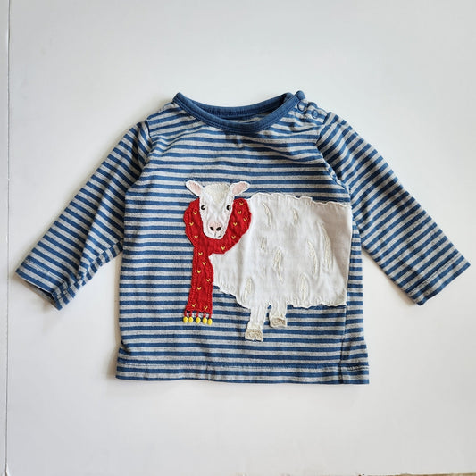 Baby Boden Infant Blue Striped Sheep in Scarf Long Sleeve Tee Size 6-12 Months