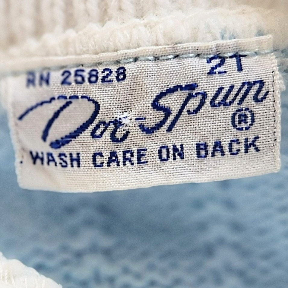 Vintage 1960s Doe Spun Toddler Turtleneck Sweater – Baby Blue with Penny Farthing Embroidery – Size 2T