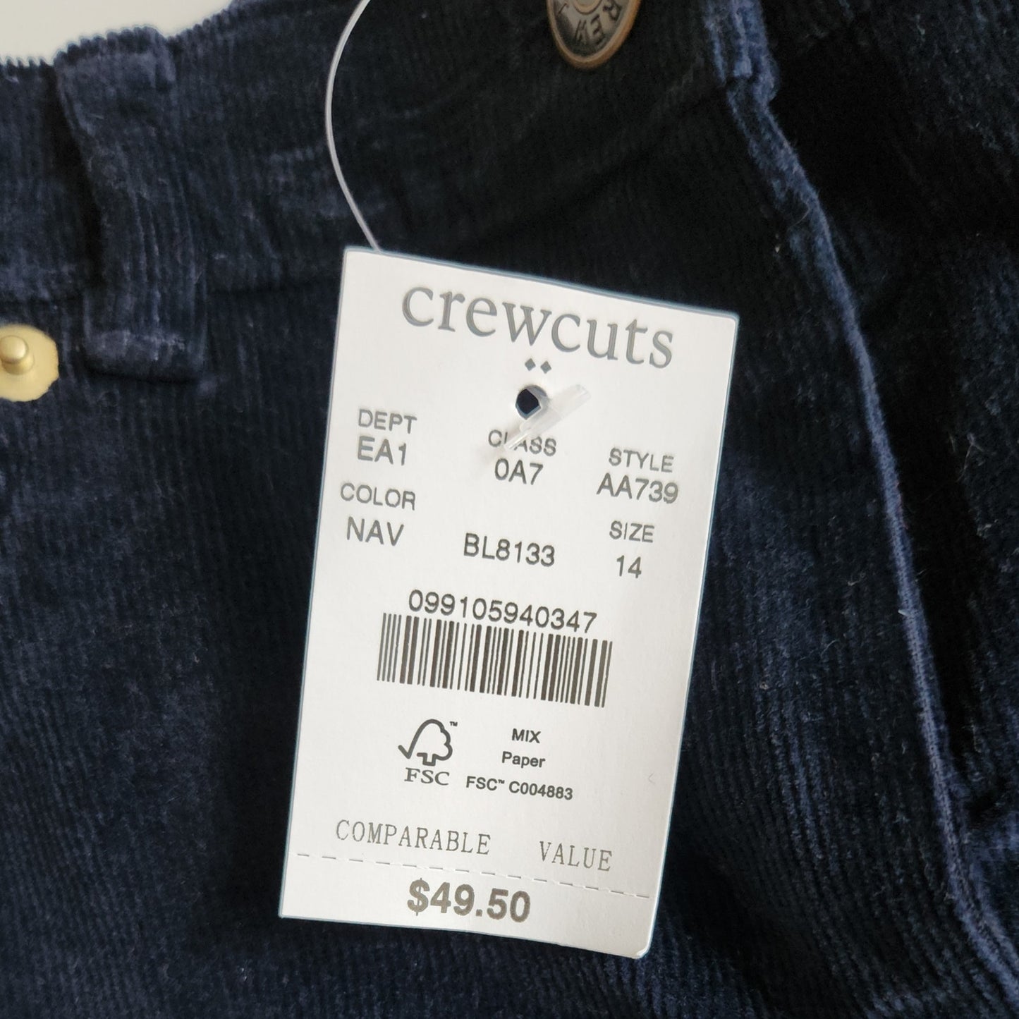 J.Crew Crewcuts Girls' Anywhere Corduroy Navy Blue Pants Size 14 NWT