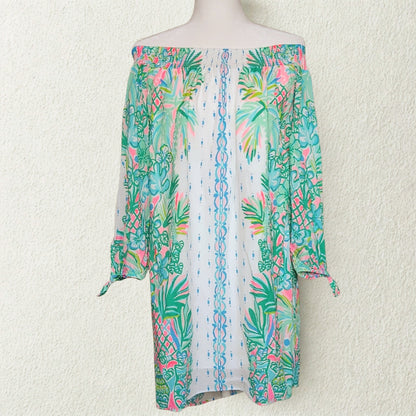 Lilly Pulitzer Women's Maryellen Off Shoulder Dress Coconut Row Pineapple Print Resort White Size M