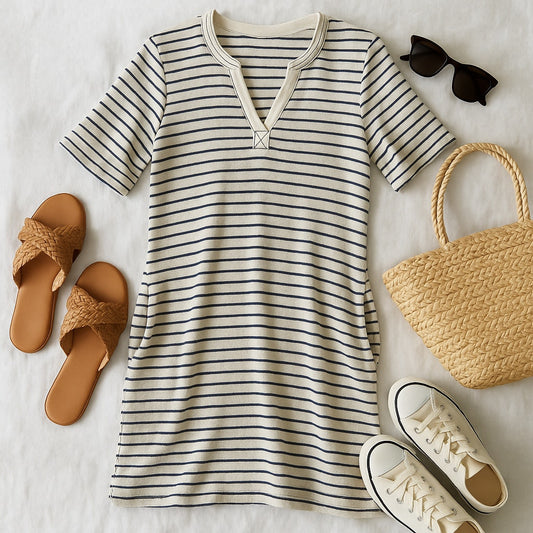Lou & Grey Striped French Terry Dress | Navy Ivory Short Sleeve V-Neck Shift with Pockets | Women's Size M NWT