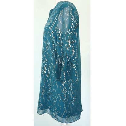 Lilly Pulitzer Women's Elenora Silk Teal & Metallic Gold 3/4 Sleeves Mini Dress Size S