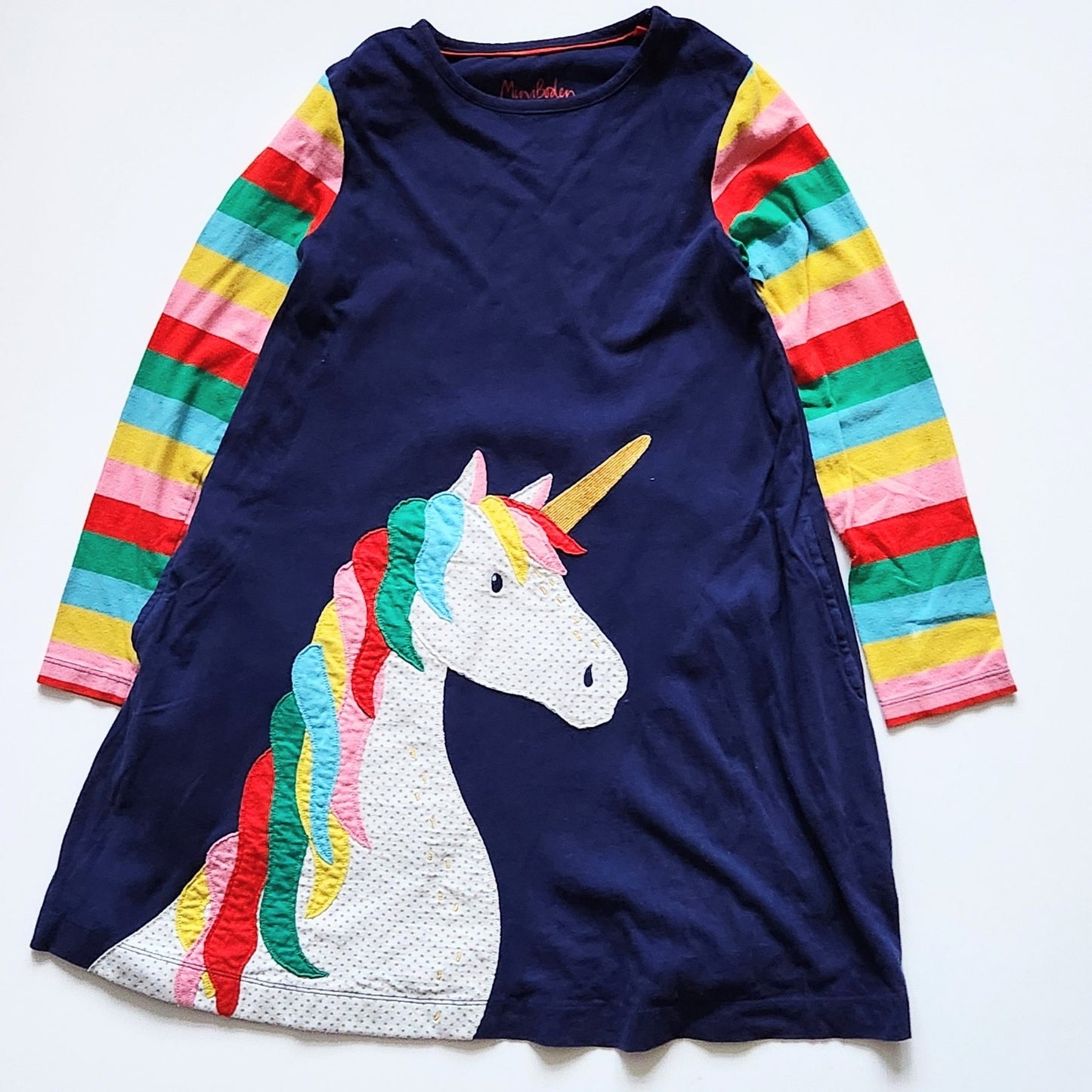 Mini Boden Navy & Rainbow Jersey Dress w/ Unicorn Applique Sz 7-8 | 128 cm