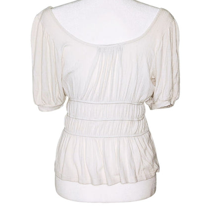 Slate & Willow White Smocked Peplum Top Puff Sleeve Rayon Scoop Neck Blouse | Women's Size M