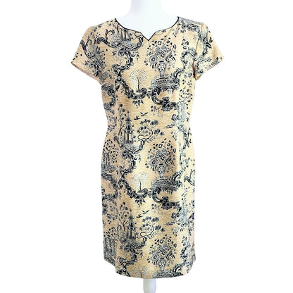 Talbots 100% Silk Sheath Dress – Asian Motif Beige & Black Women's Size 10