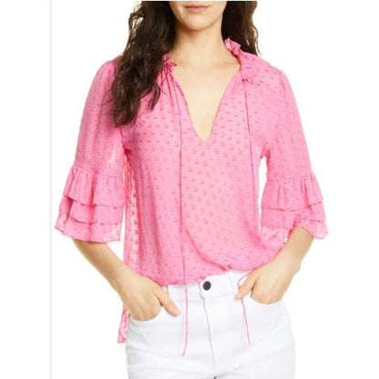 Alice + Olivia Women's Julius Tier Sleeve Silk Blend Blouse Hot Pink Size M