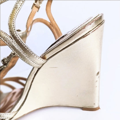 Badgley Mischka Kole T-Strap Jewel Embellished Wedge Sandals Gold Metallic | Women's Size 8.5