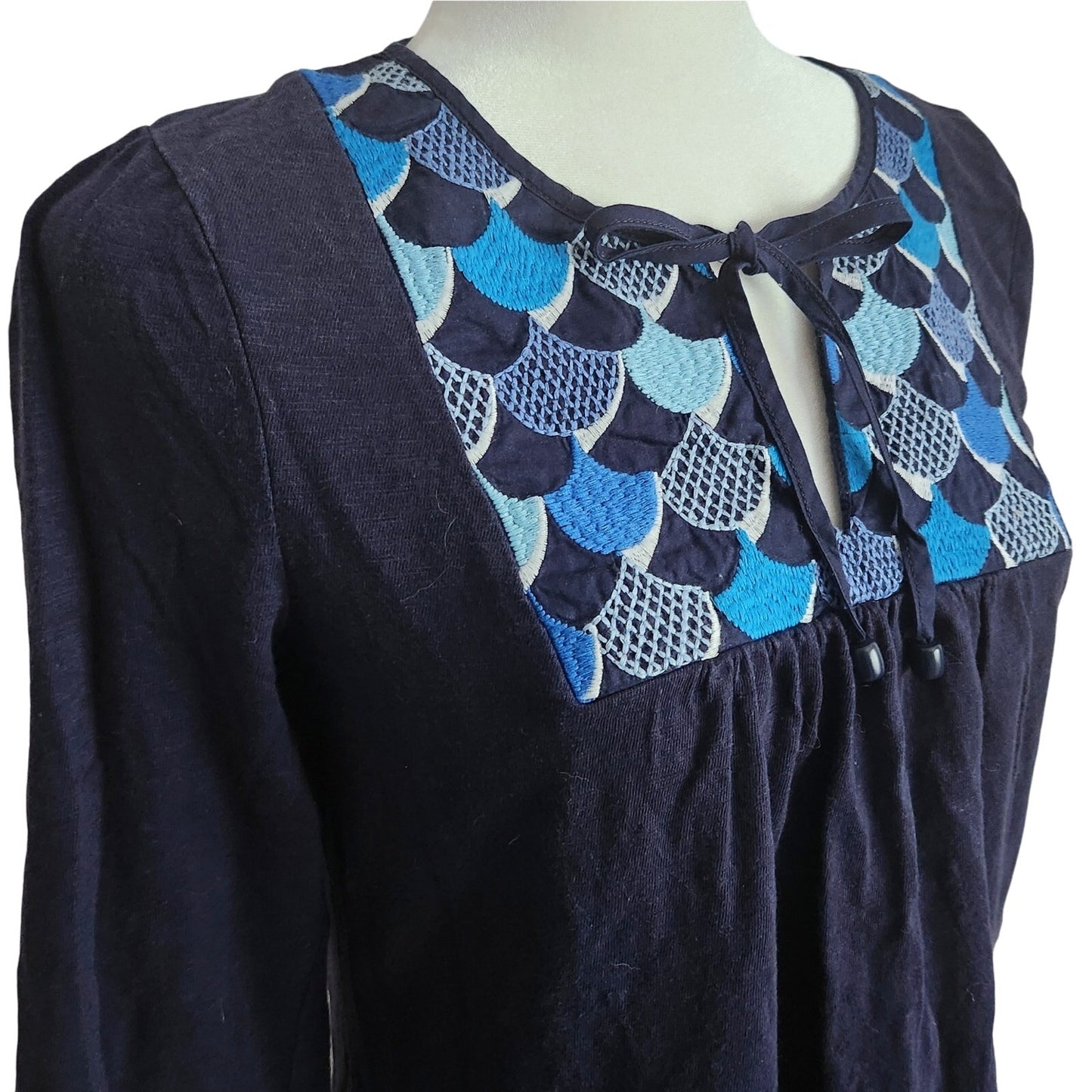 Boden Women's Blue 3/4 Sleeve Cotton Boho Embroidered Bib Tunic Top Size 6