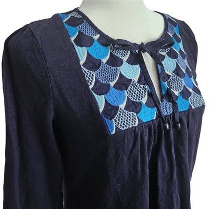 Boden Women's Blue 3/4 Sleeve Cotton Boho Embroidered Bib Tunic Top Size 6