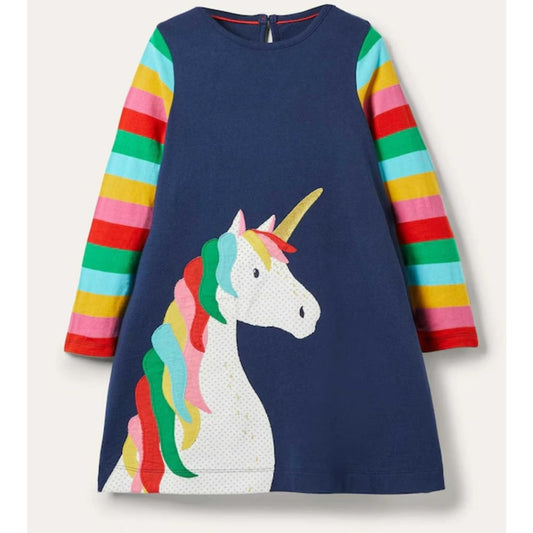 Mini Boden Navy & Rainbow Jersey Dress w/ Unicorn Applique Sz 7-8 | 128 cm