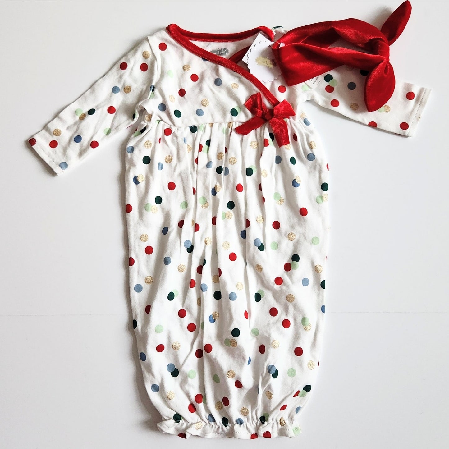 Mud Pie Polka Dot Glitter Cotton Sleep Gown & Velour Headband Sz 0-3 mos NWT