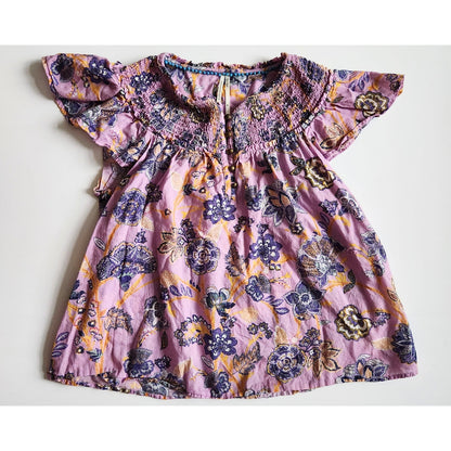 Anthropologie Bohemian Purple Floral Blouse Brass Buttons Flutter Sleeves Size M