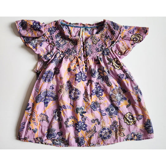 Anthropologie Bohemian Purple Floral Blouse Brass Buttons Flutter Sleeves Size M