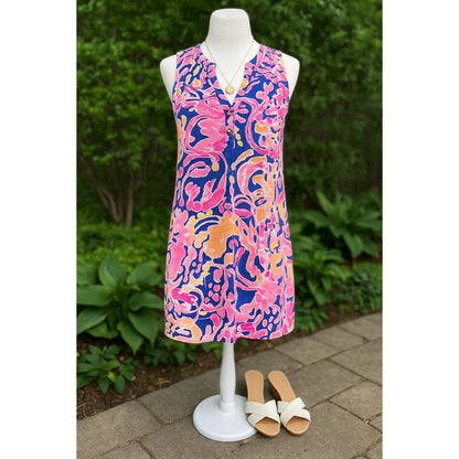 Lilly Pulitzer Essie Dress Brilliant Blue Catch & Release Pink Sea Life Print Cotton | Women's Size S