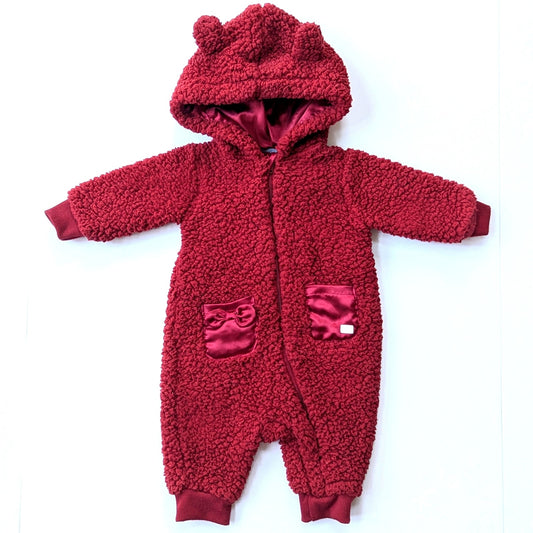 7 For All Mankind Infant Baby Faux Shearling Hooded Cranberry Coverall Sz 3 Mos