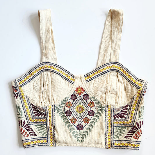 Free People Women's Datura Corset Sleeveless Crop Top Boho Metallic Embroidery Size S