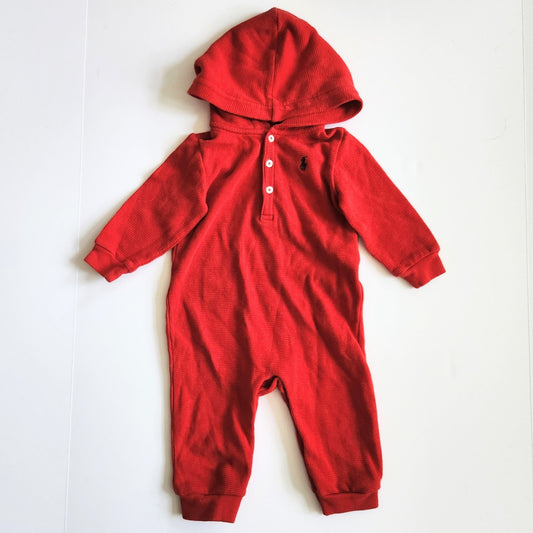 Ralph Lauren Baby Red Soft Cotton Waffle Weave Hooded Coverall Size 9 mos