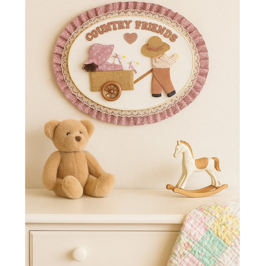 Vintage 1980s Country Friends Oval Hoop Art | Farmhouse Folk Art Wall Hanging | Cottagecore Home Decor