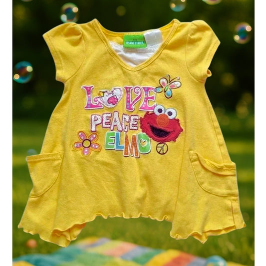 Vintage Sesame Street Baby Shirt Yellow “Love Peace Elmo” Tunic Size 18 Months