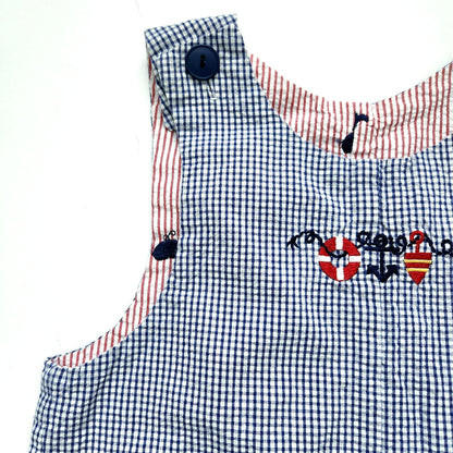Vintage Just Ducky Reversible Baby Boy Romper Nautical Seersucker Size 24 Months