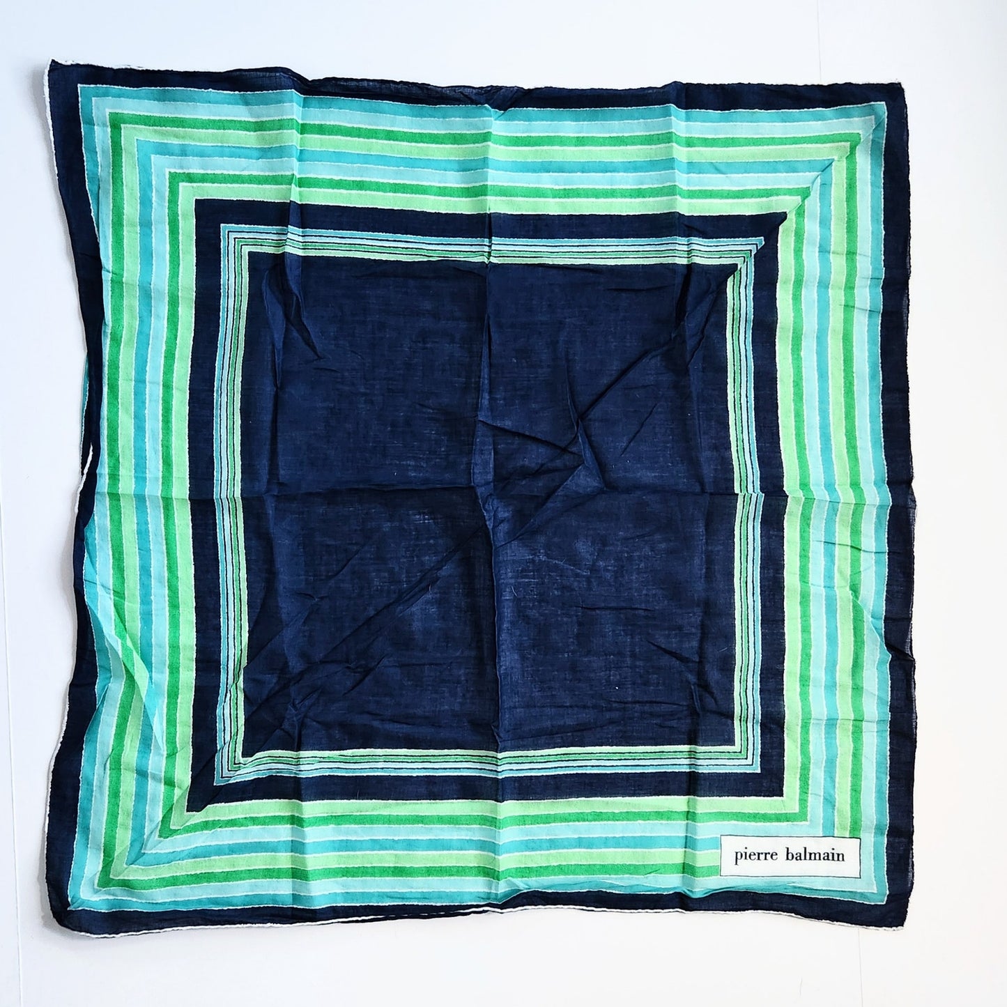 Pierre Balmain Vintage 1970s Blue & Green Square Scarf | 24.5” Designer Neck Scarf | Mod Striped Silk Cotton Blend Wrap | Women's French Fashion Accessory