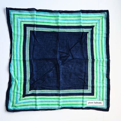 Pierre Balmain Vintage 1970s Blue & Green Square Scarf | 24.5” Designer Neck Scarf | Mod Striped Silk Cotton Blend Wrap | Women's French Fashion Accessory