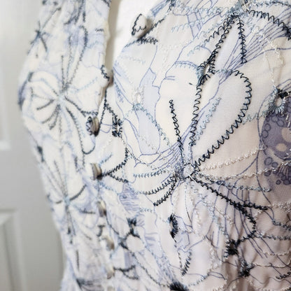 Badgley Mischka	Floral Embroidered Day Flounce Sleeve Day Dress Blue Size 8