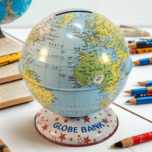 Mid-Century Vintage J. Chein & Co Tin Globe Bank Retro World Map Kids Coin Bank