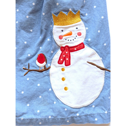 Baby Boden Corduroy Snowman Appliqué Pinafore Dress Blue Polka Dots Sz 18-24 mos