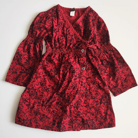 Tea Collection Red Floral Scroll Long Bell Sleeves Wrap Dress Cotton Size 5