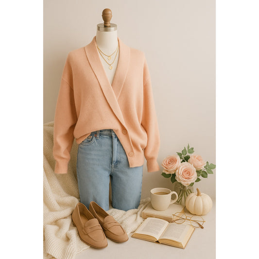 Vintage 1980s Blush Peach Double Breasted Wrap Cardigan Sweater | Women’s Size L 12–14 | Drop Shoulder Cozy Retro Knit