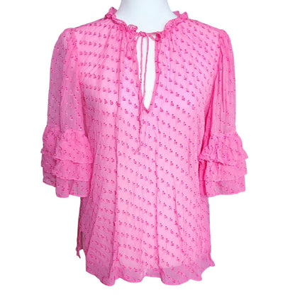Alice + Olivia Women's Julius Tier Sleeve Silk Blend Blouse Hot Pink Size M