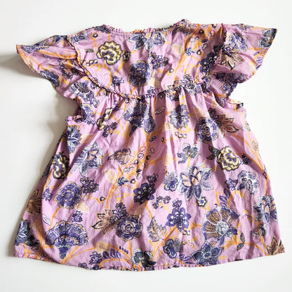 Anthropologie Bohemian Purple Floral Blouse Brass Buttons Flutter Sleeves Size M