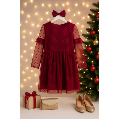 Mini Boden Girls Flocked Spot Winter Party Dress in Warm Cranberry Red – Size 13-14Y – NWT