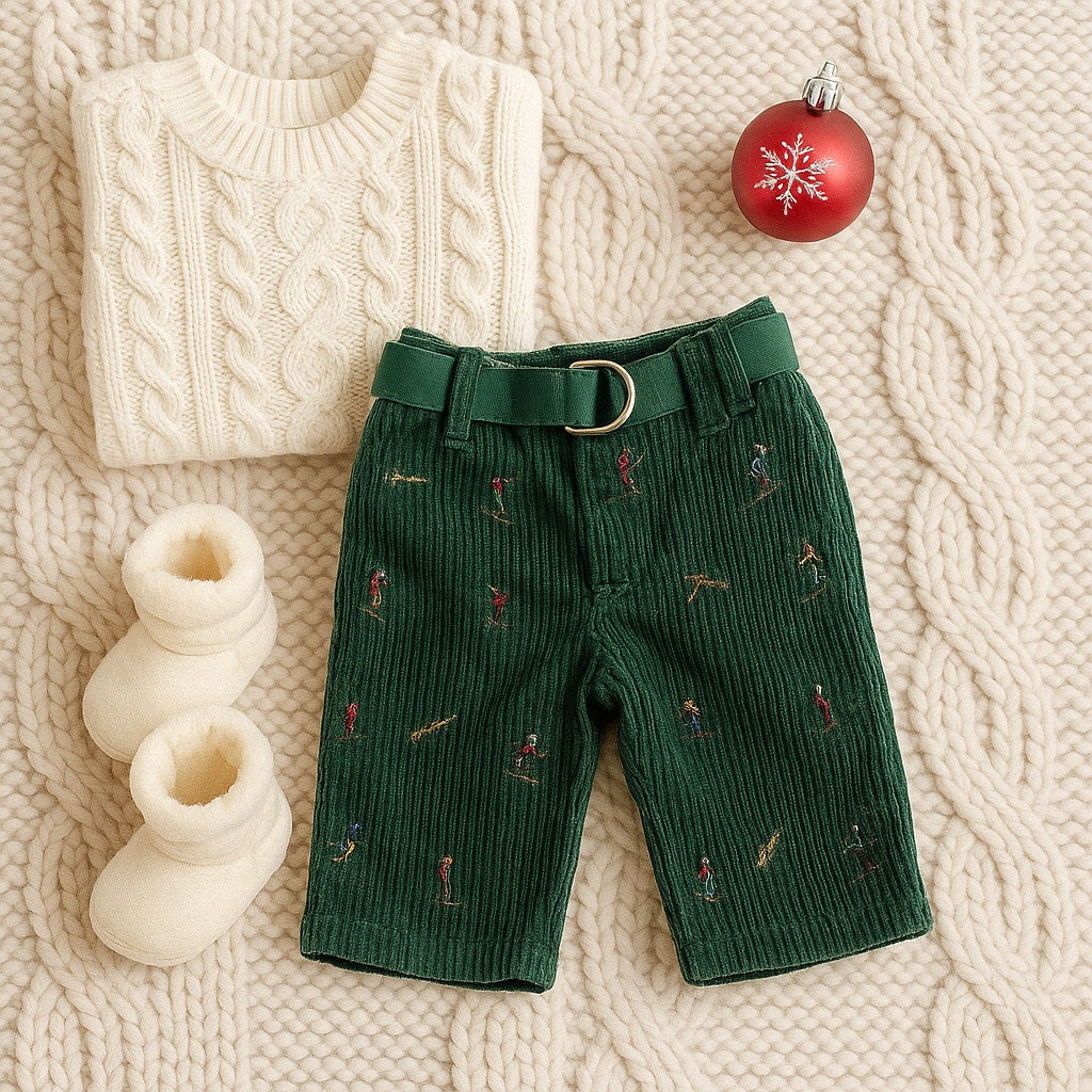Ralph Lauren Infant Skier Embroidered Green Belted Corduroy Pants | Size 6 Months