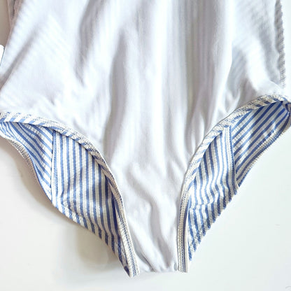 RuffleButts Blue & White Seersucker Waterfall One Piece Swimsuit Size 10