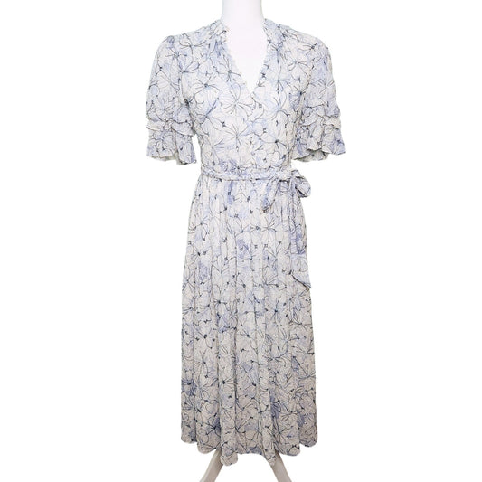 Badgley Mischka	Floral Embroidered Day Flounce Sleeve Day Dress Blue Size 8