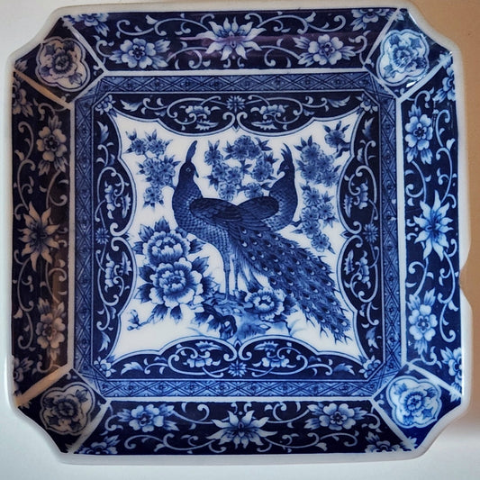 Vintage 1980s Royal Peacock Blue & White Decorative Porcelain Square Dish with flaw