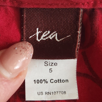 Tea Collection Red Floral Scroll Long Bell Sleeves Wrap Dress Cotton Size 5
