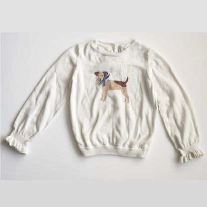 Janie and Jack Ruffle Cuff Dog Sweater Jet Ivory Girls Size 5 White Cotton