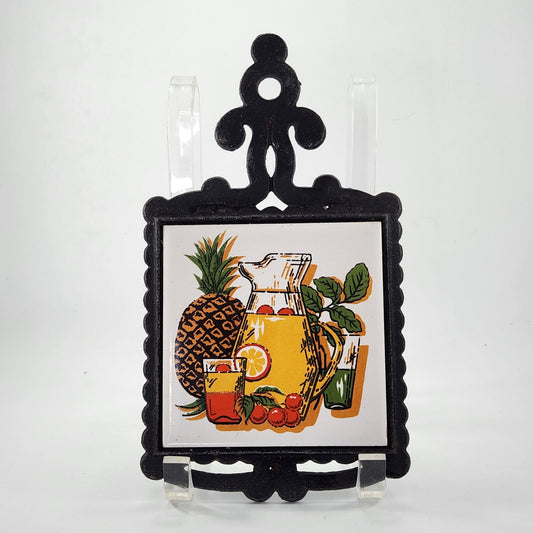 Vintage 1970s Pineapple & Lemonade Pitcher Cast Iron Trivet Retro Kitchen Decor