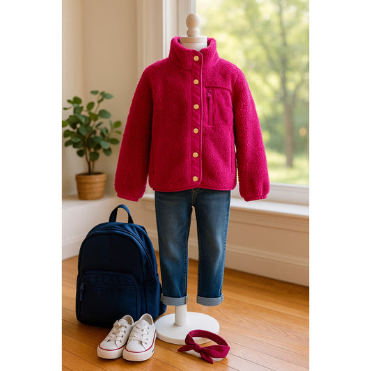J.Crew Crewcuts Girls' Sherpa Fleece Magenta Snap Jacket Size XL Jersey Lined